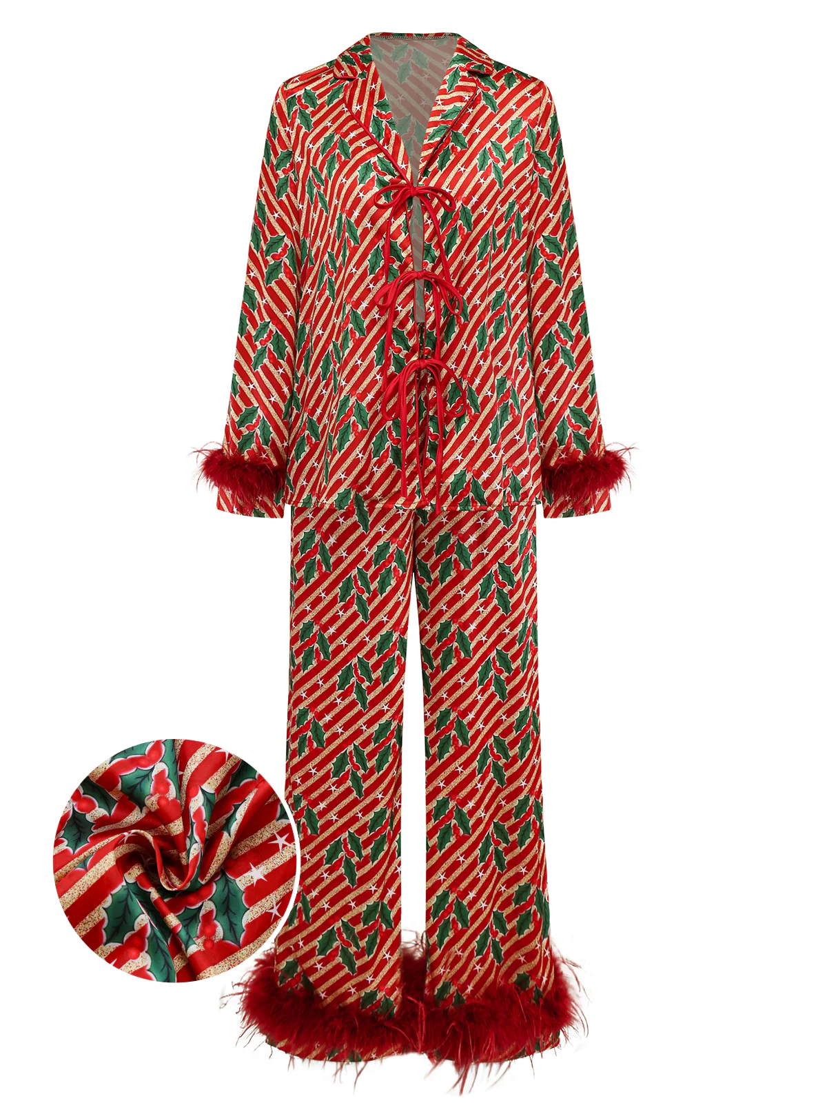 Red 1950s Holly & Candy Cane Stripes Feather Pajama Set