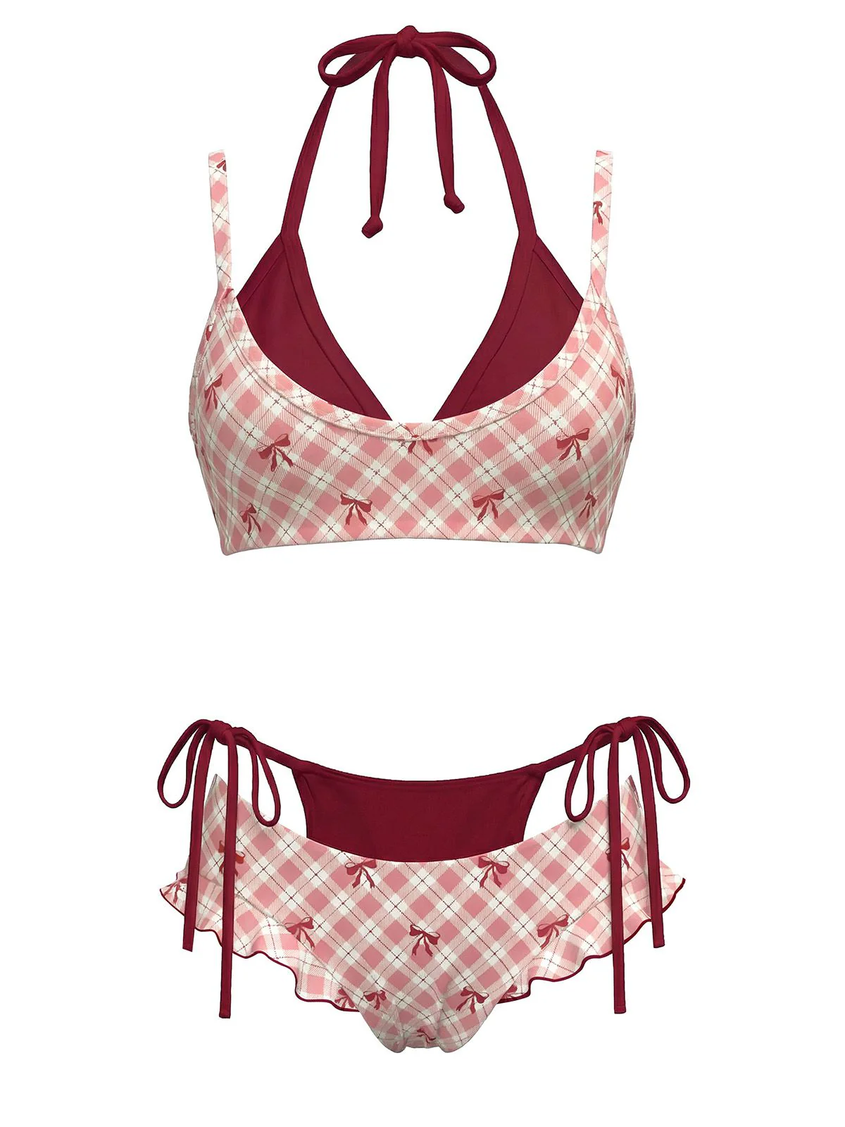Green 1950s Plaid Bow Halter Double Layer Bikini Set - Image 2
