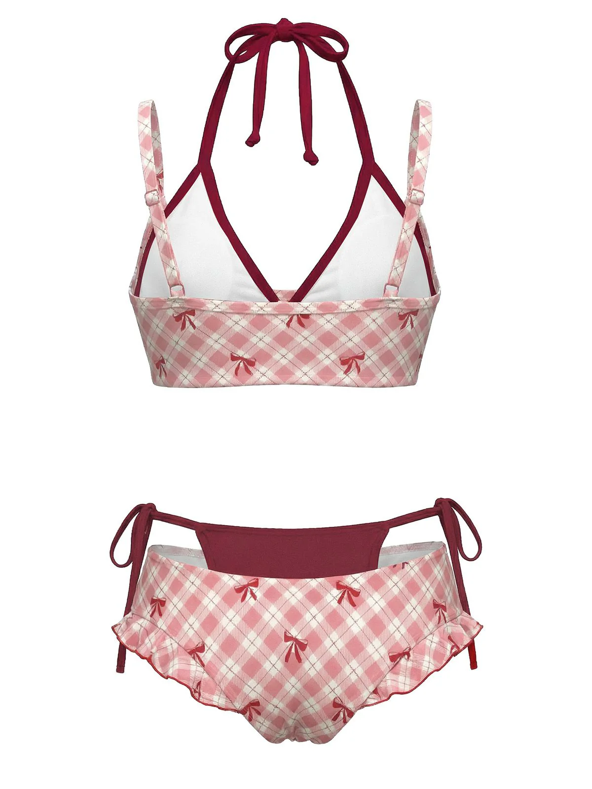 Green 1950s Plaid Bow Halter Double Layer Bikini Set - Image 3