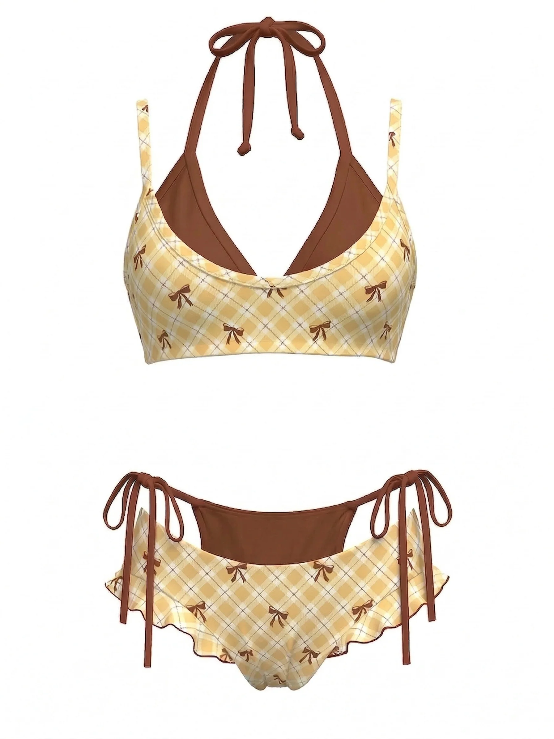Green 1950s Plaid Bow Halter Double Layer Bikini Set - Image 4
