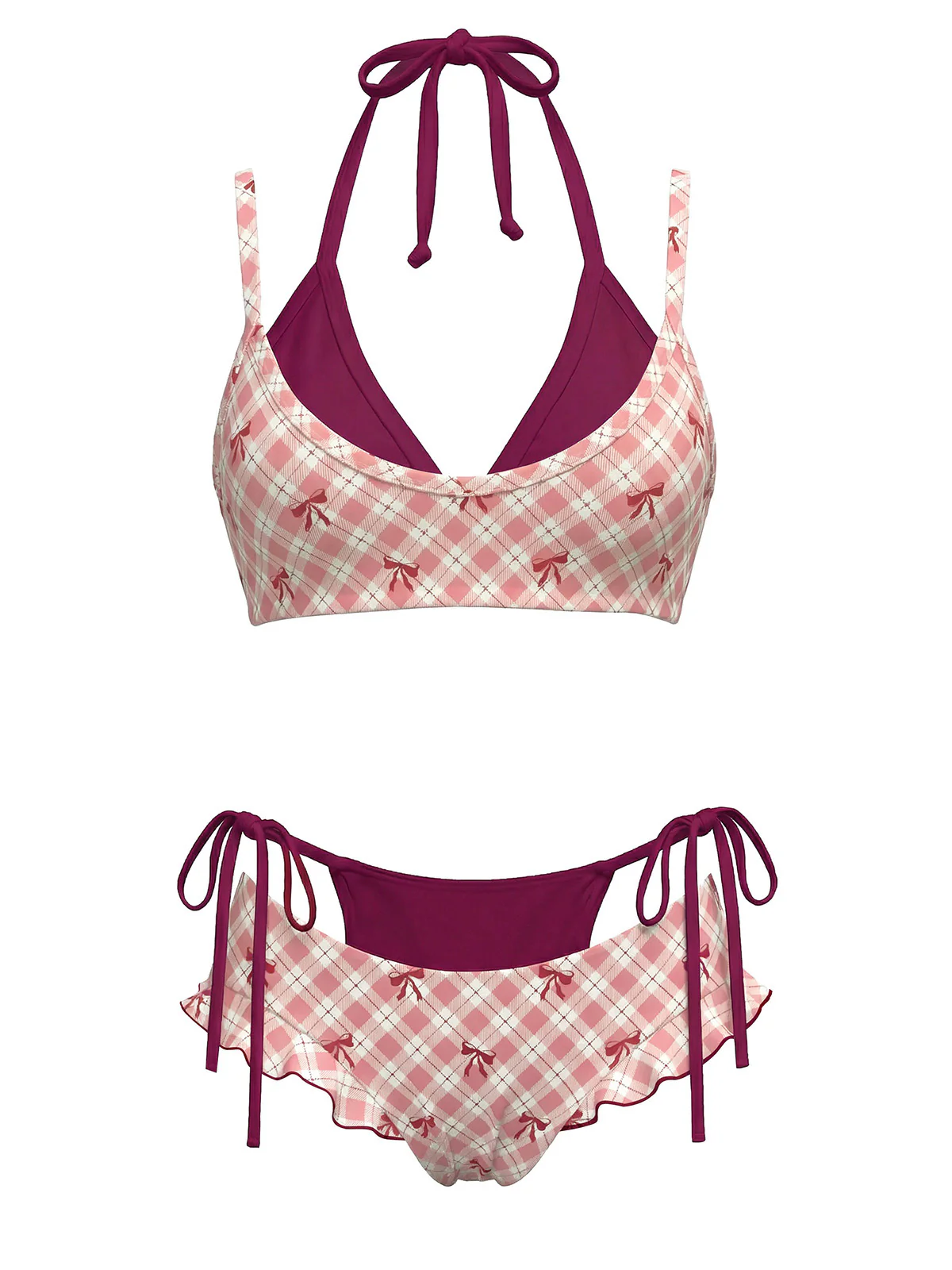 Green 1950s Plaid Bow Halter Double Layer Bikini Set - Image 5