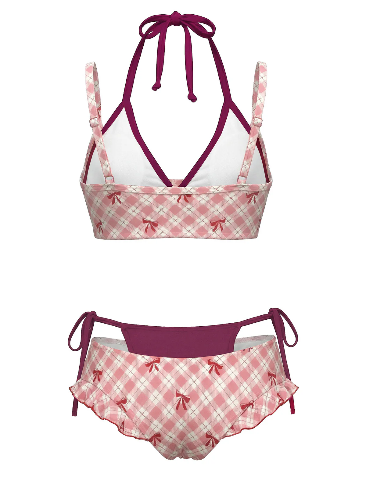 Green 1950s Plaid Bow Halter Double Layer Bikini Set - Image 6