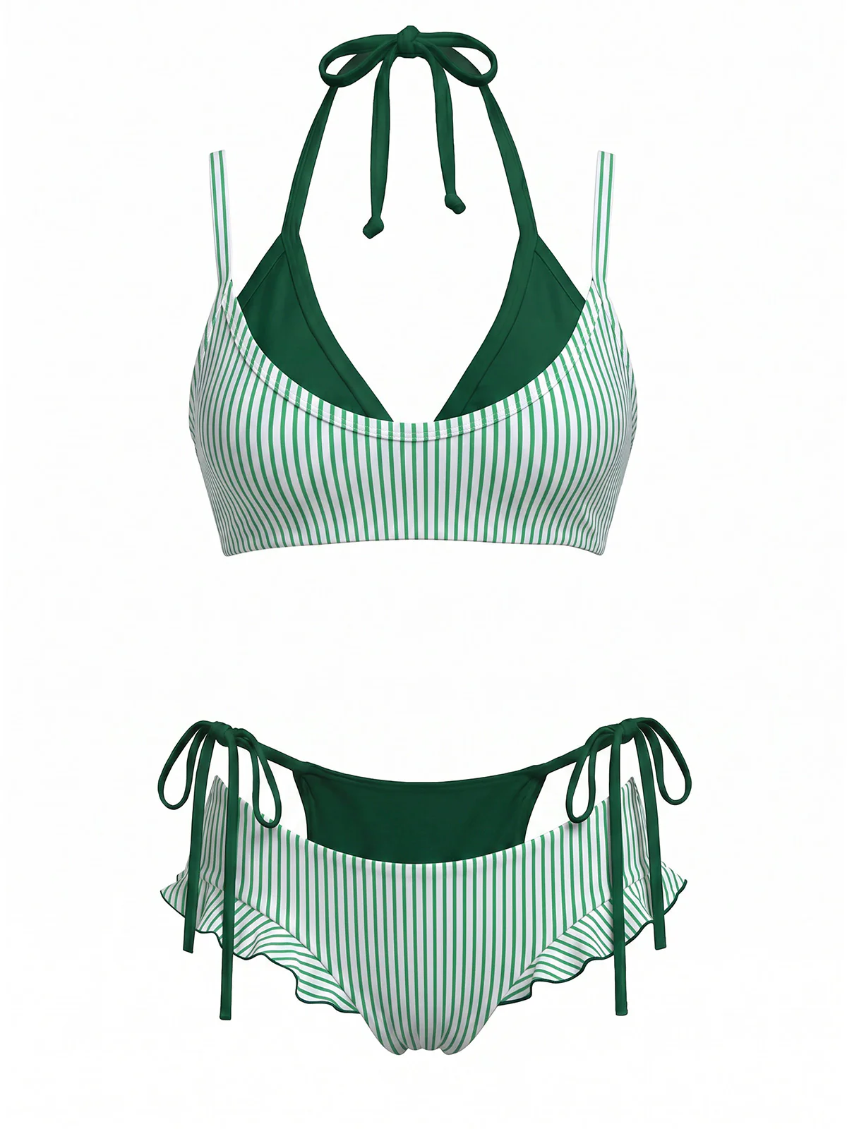 Green 1950s Plaid Bow Halter Double Layer Bikini Set
