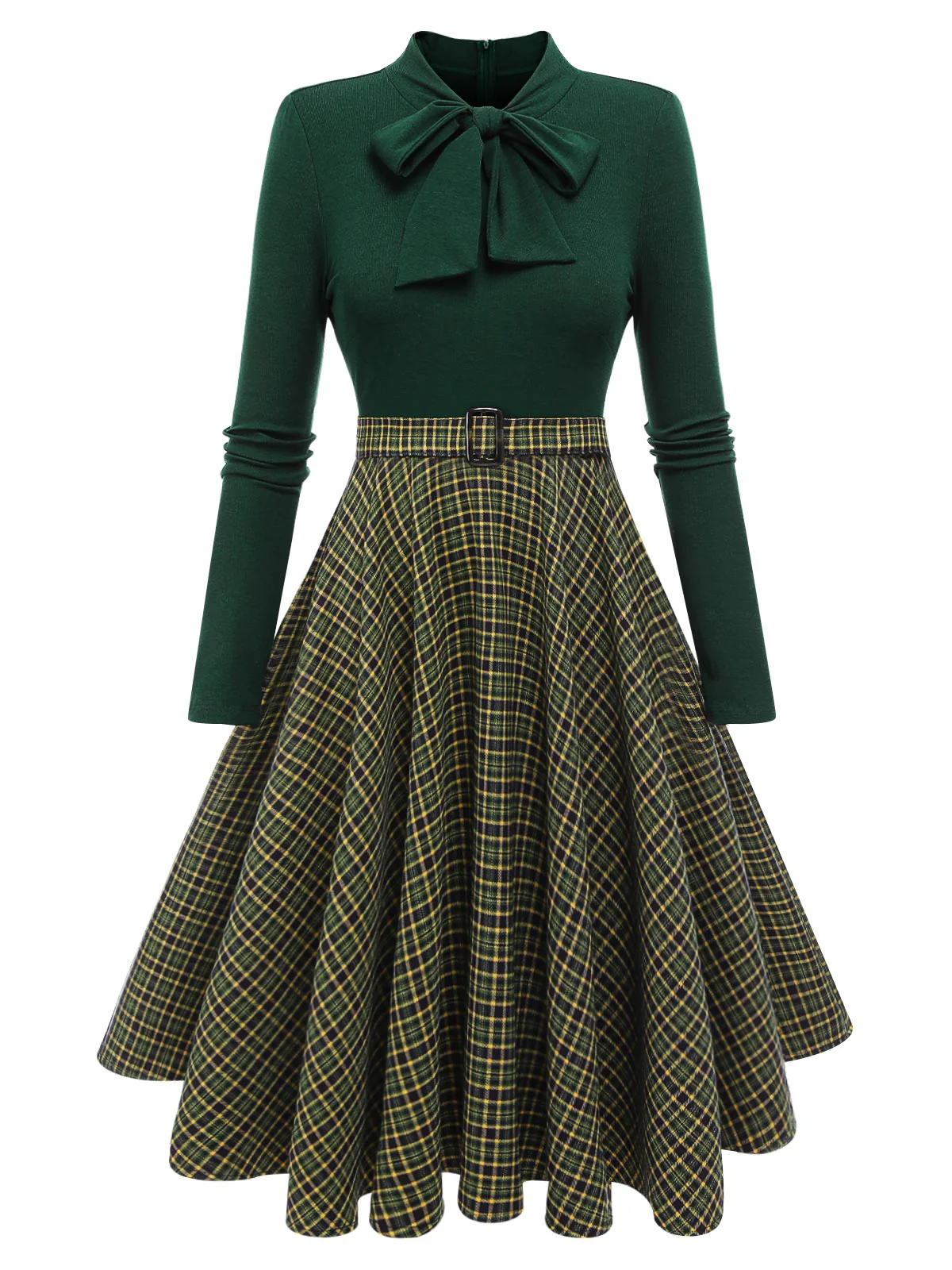 Dark Green 1950s Plaid Knitting Dress - Image 3
