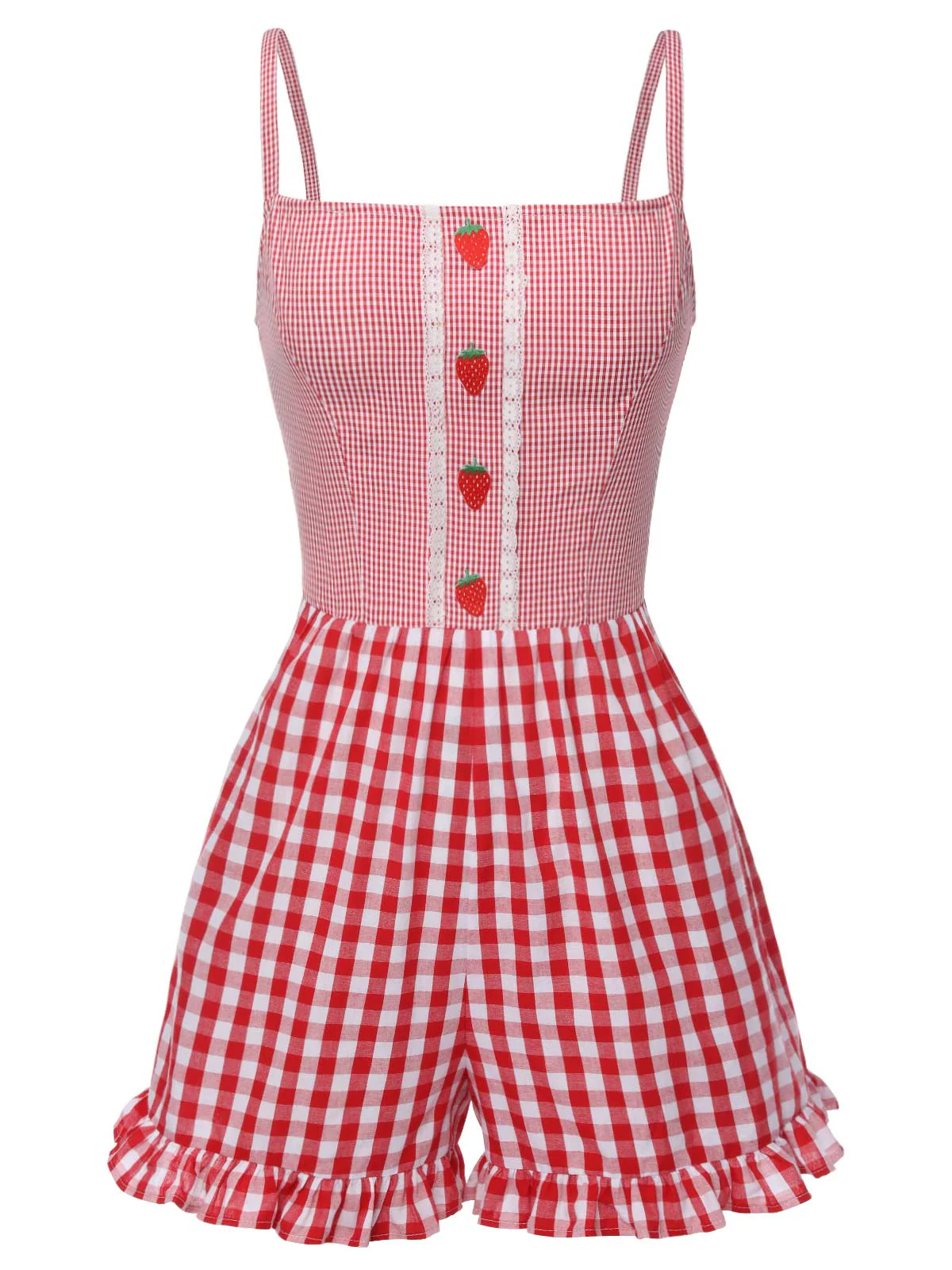 Red 1950s Strawberry Plaid Suspender Romper - Image 2