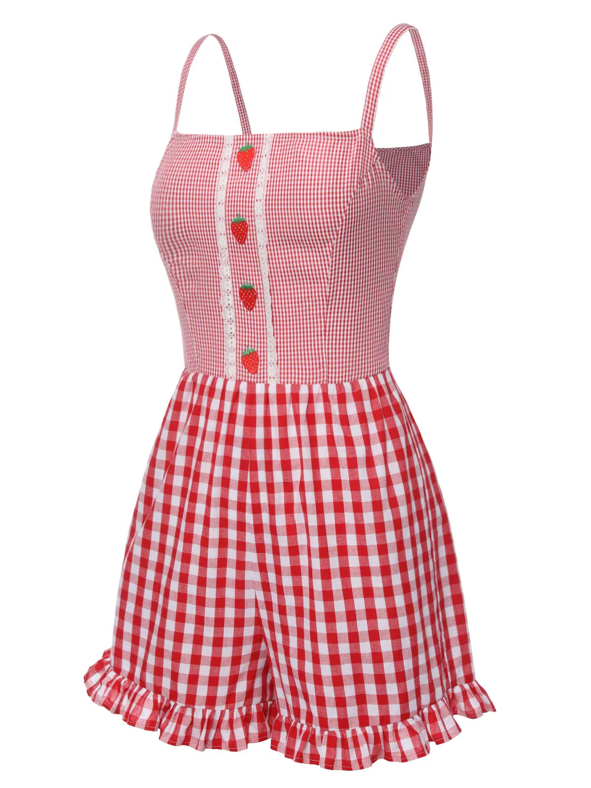 Red 1950s Strawberry Plaid Suspender Romper - Image 3