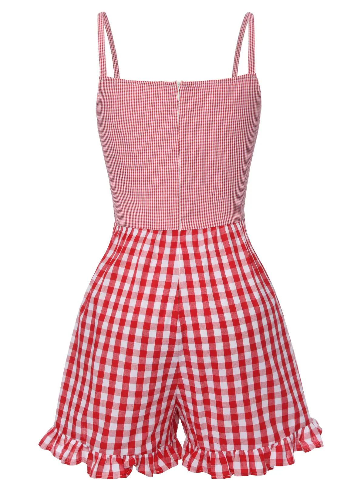 Red 1950s Strawberry Plaid Suspender Romper - Image 4