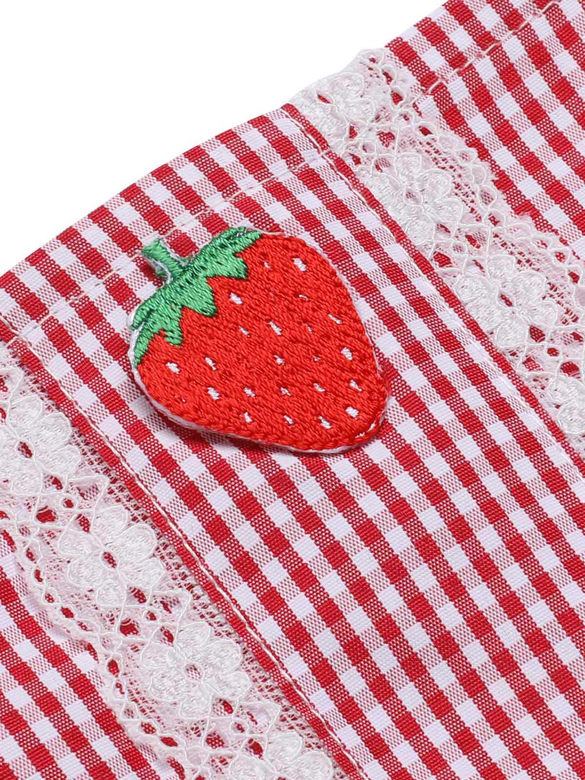 Red 1950s Strawberry Plaid Suspender Romper - Image 5