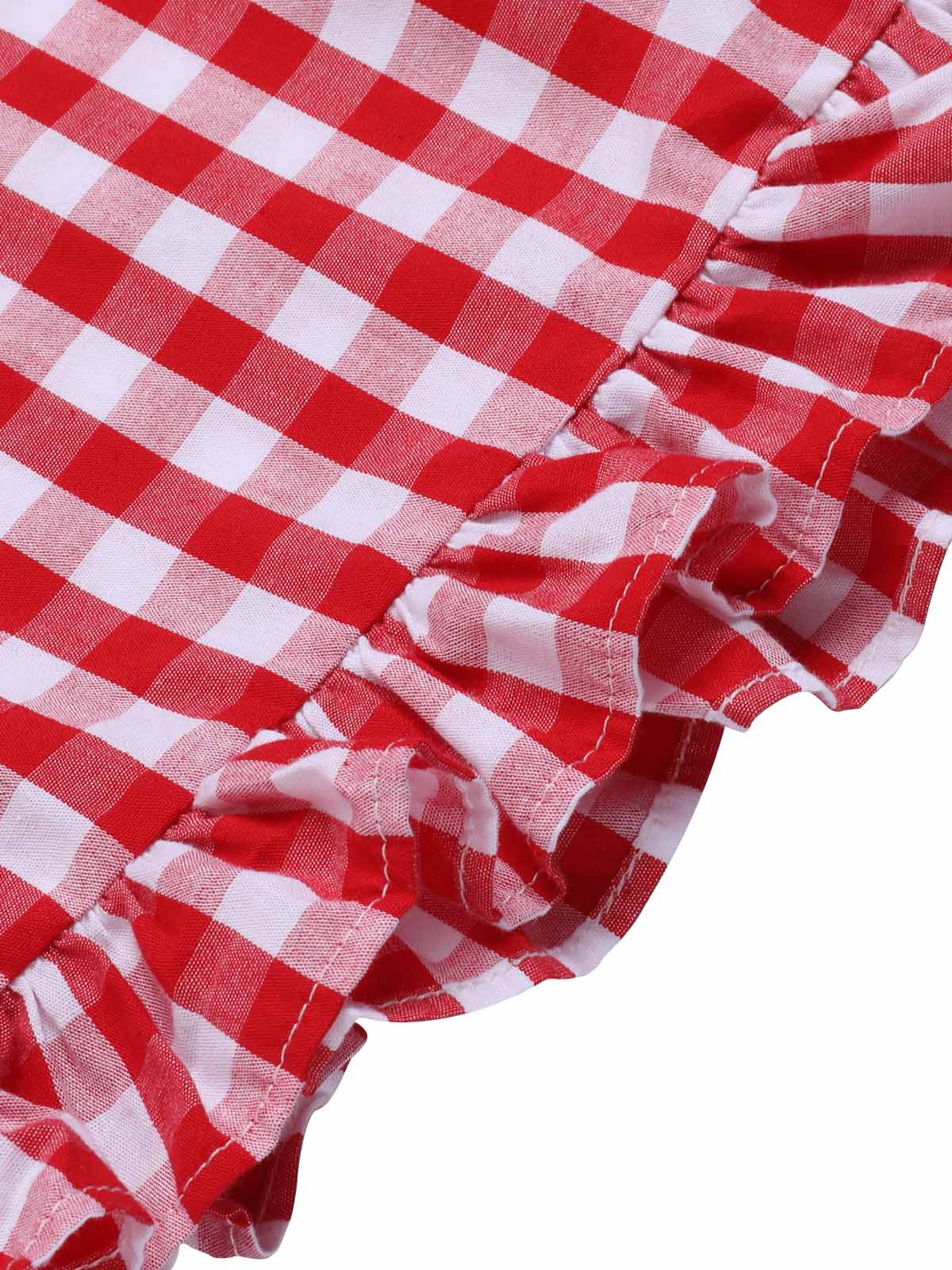 Red 1950s Strawberry Plaid Suspender Romper - Image 6