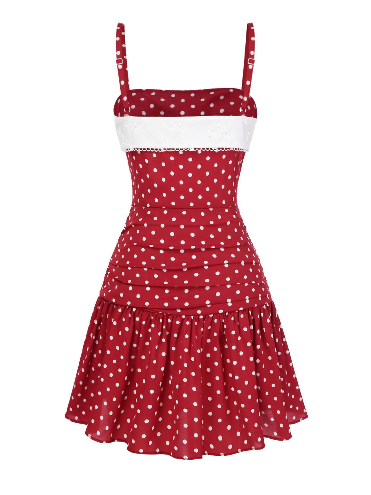 Red 1960s Lace Patchwork Polka Dots Pleated Dress - Image 7