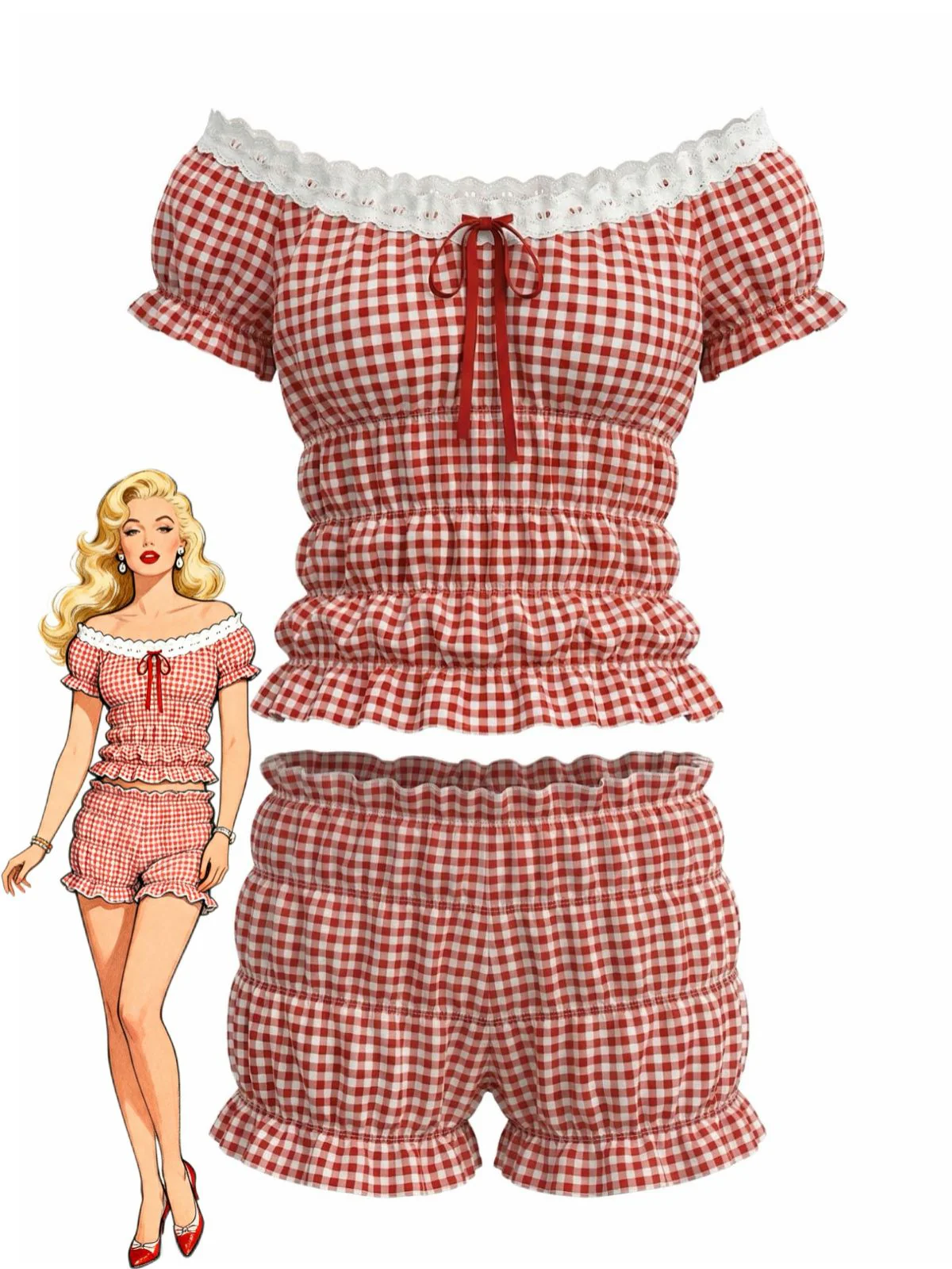 Red Y2K Gingham Off-Shoulder Smocked Top & Shorts Set