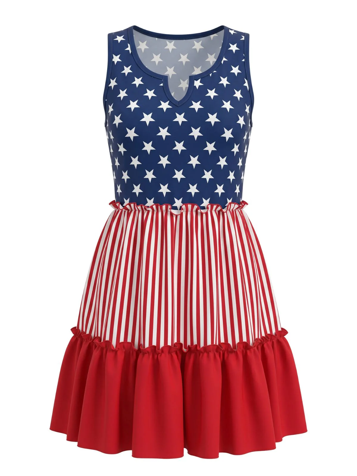 Red & Blue 1940s Patriotic Star Stripe Sleeveless Ruffle Swing Dress - Image 2