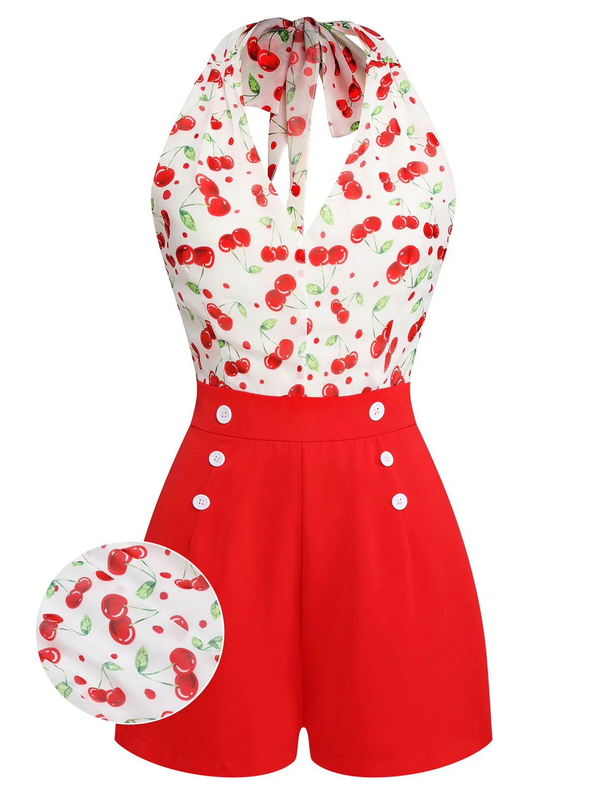 Red Cherry V-Neck Halter Lace-Up Romper - Image 3