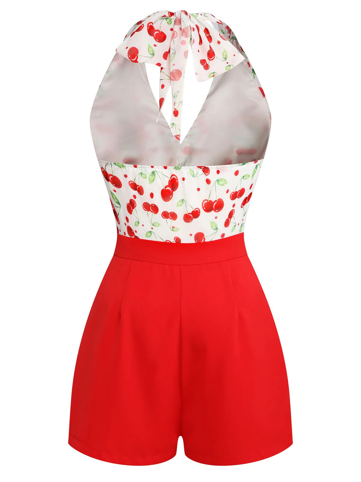 Red Cherry V-Neck Halter Lace-Up Romper - Image 6