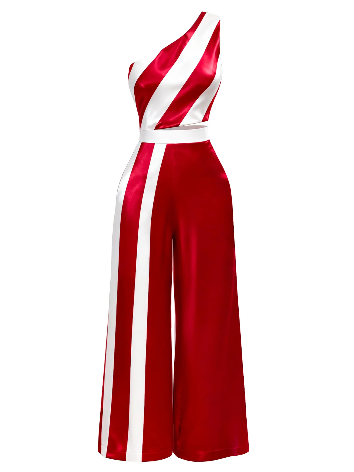 Red & White 1960s One-Shoulder Stripes Jumpsuit
