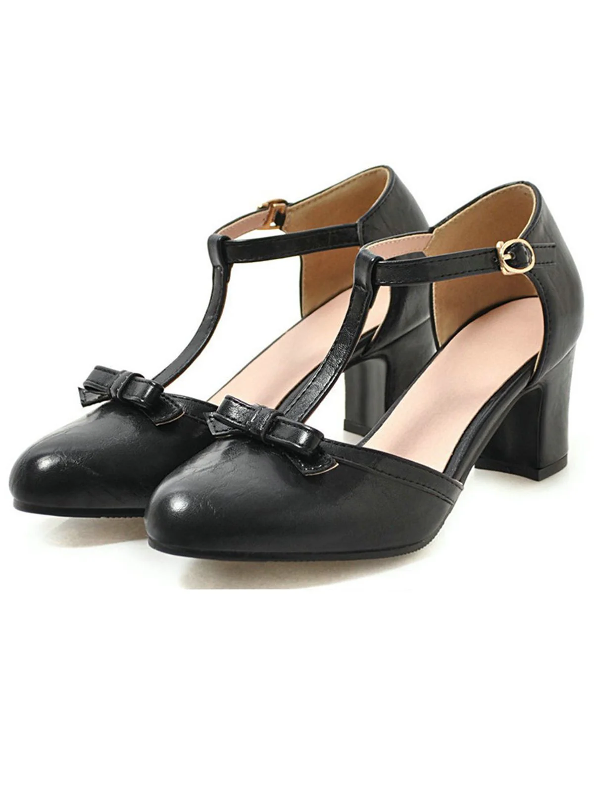 Retro Bow T-strap Chunky Heels Shoes - Image 2