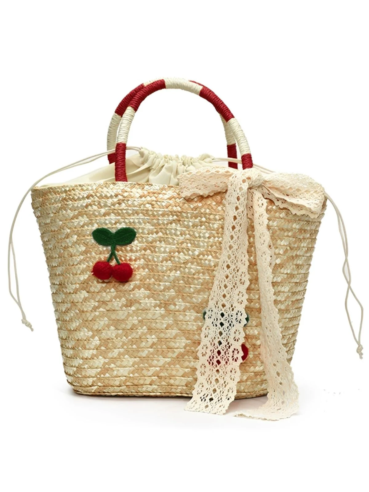 Retro Cherry Applique Lace Bow Drawstring Straw Tote Bag