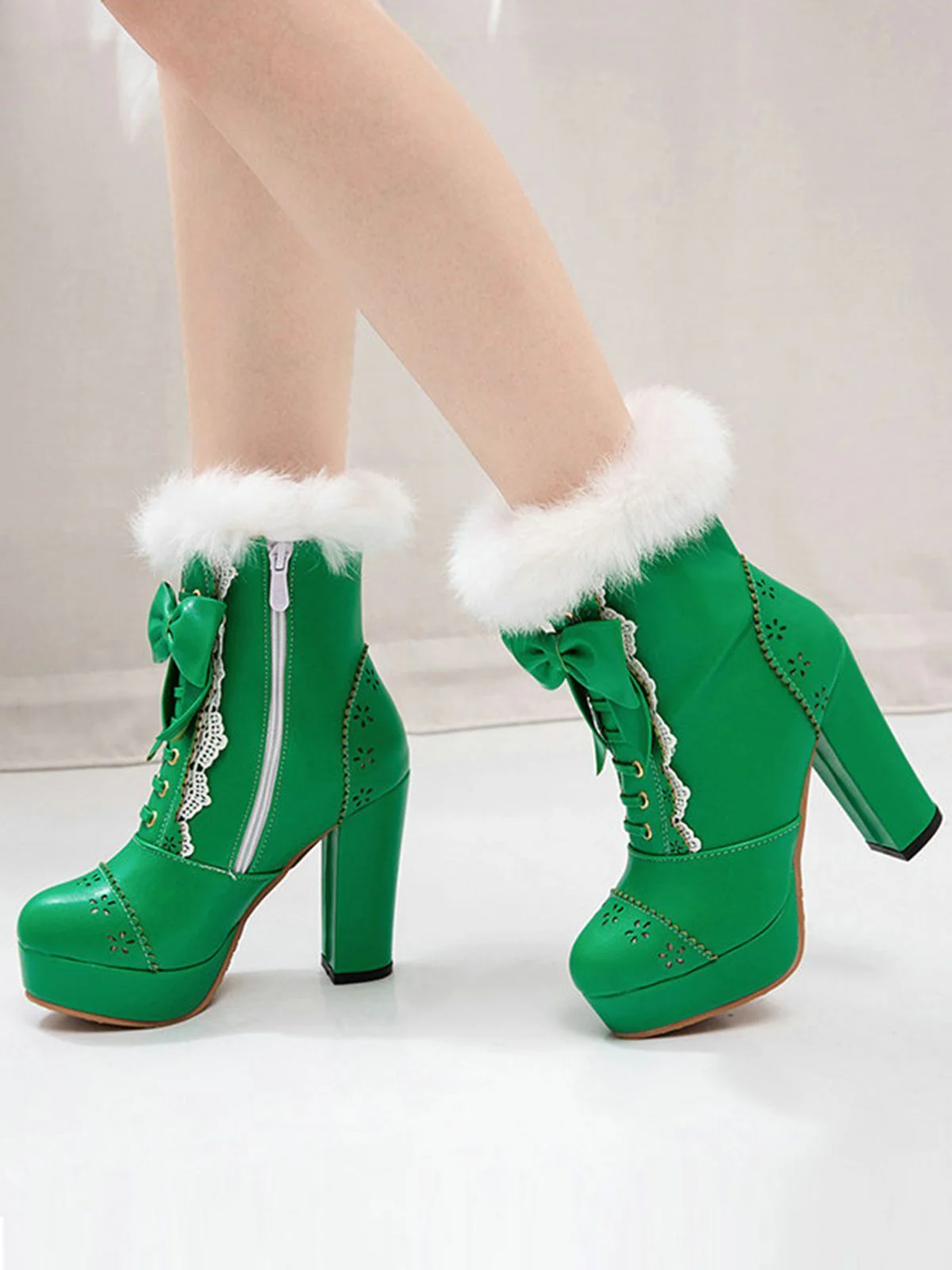 Retro Furry Bowknot Chunky Heel Snow Boots - Image 2