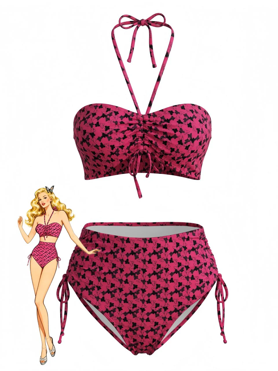 Rose Red 1940s Butterfly Halter Bikini Set