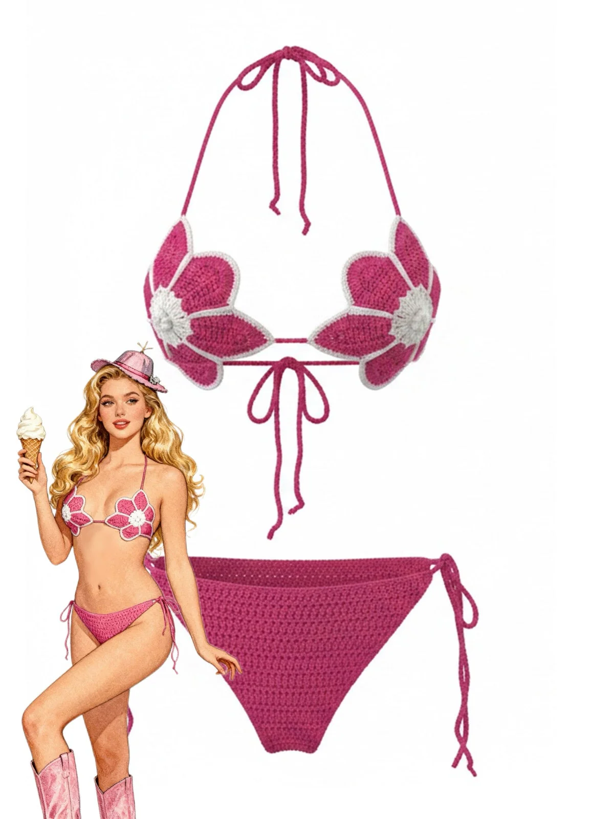 Rose Red 1980s Hand Crocheted Floral Bikini Set