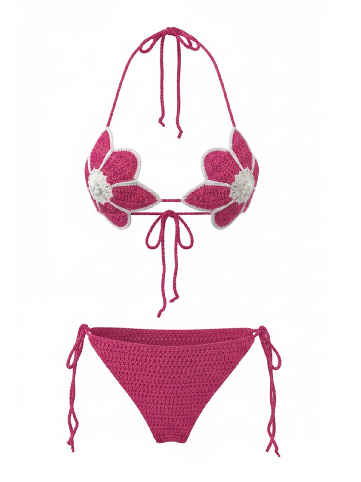 Rose Red 1980s Hand Crocheted Floral Bikini Set - Image 2