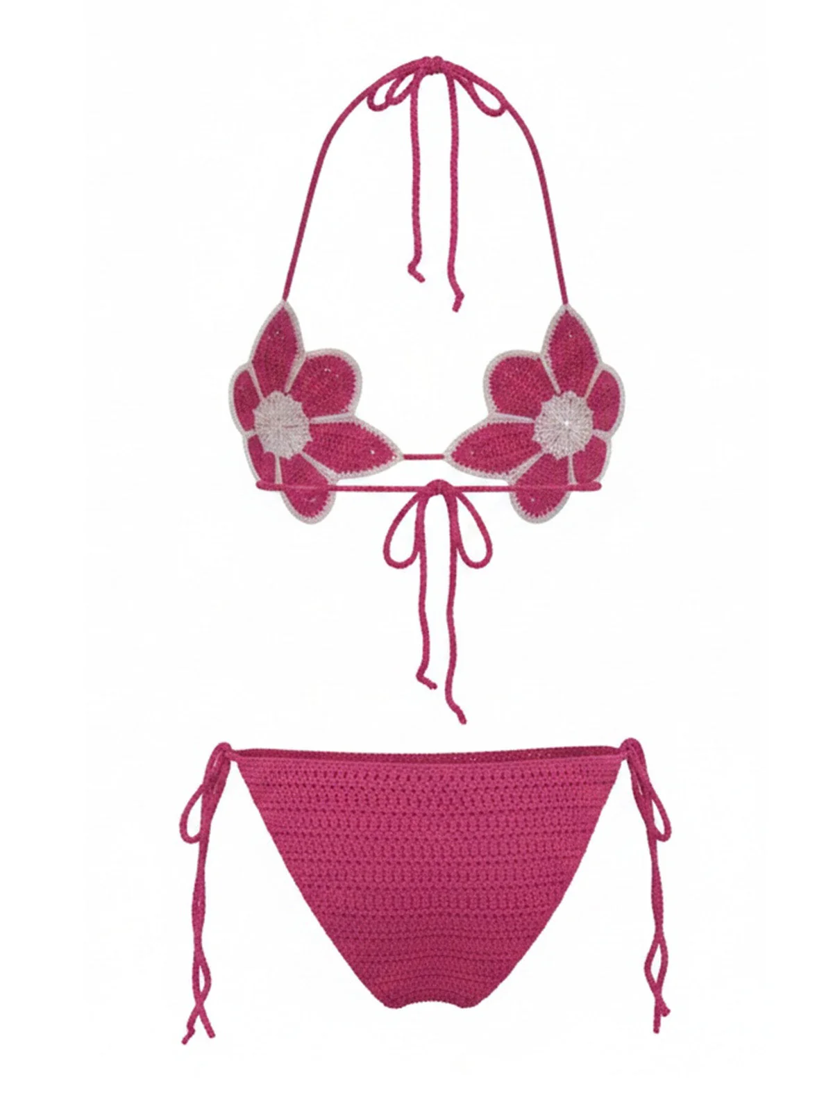 Rose Red 1980s Hand Crocheted Floral Bikini Set - Image 3