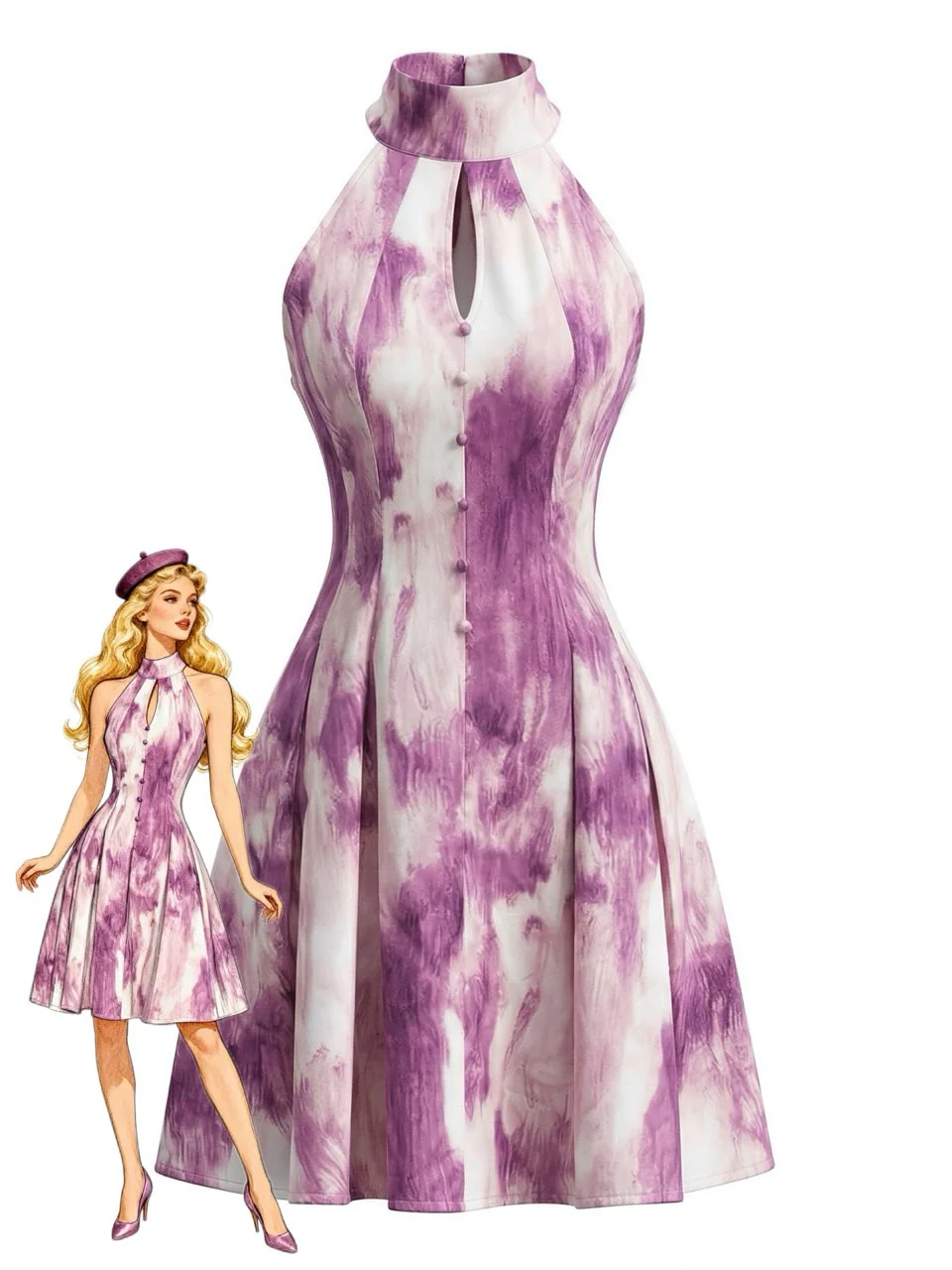 Rose Violet 1930s Tie-Dye Halter Button Flared Dress