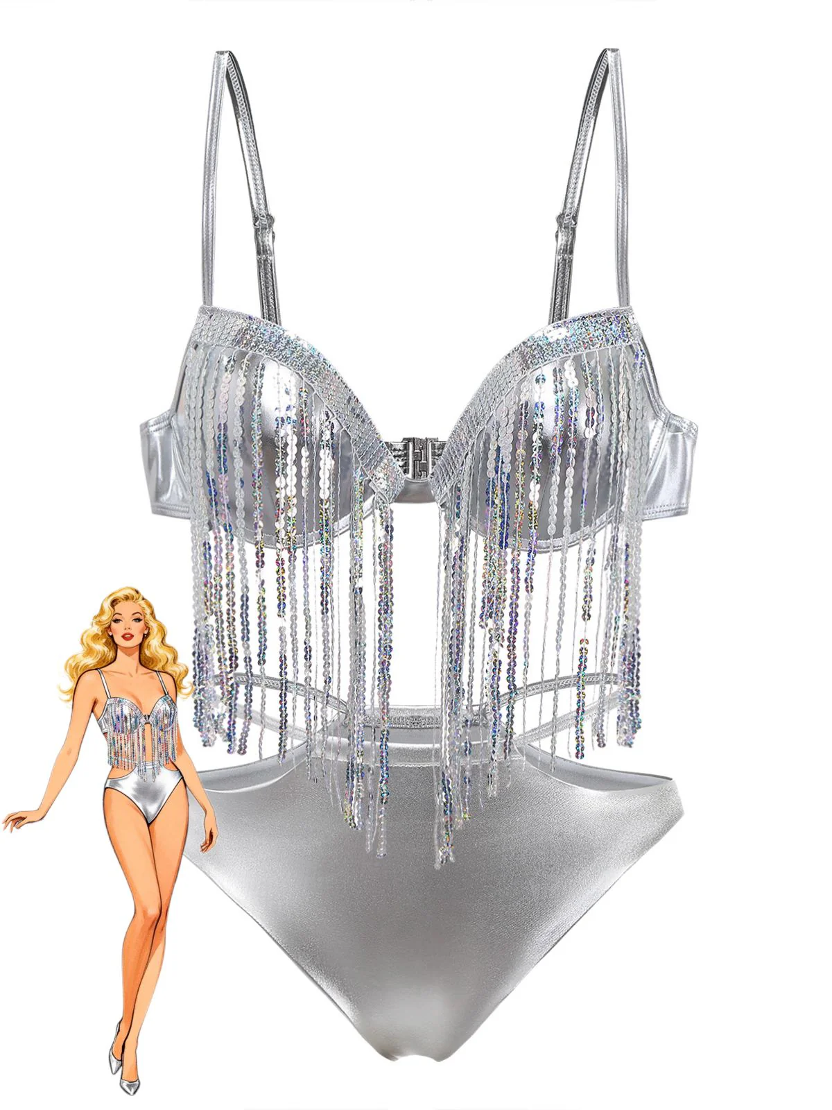 Silver 1970s Holographic Sequin Fringe Bikini Set