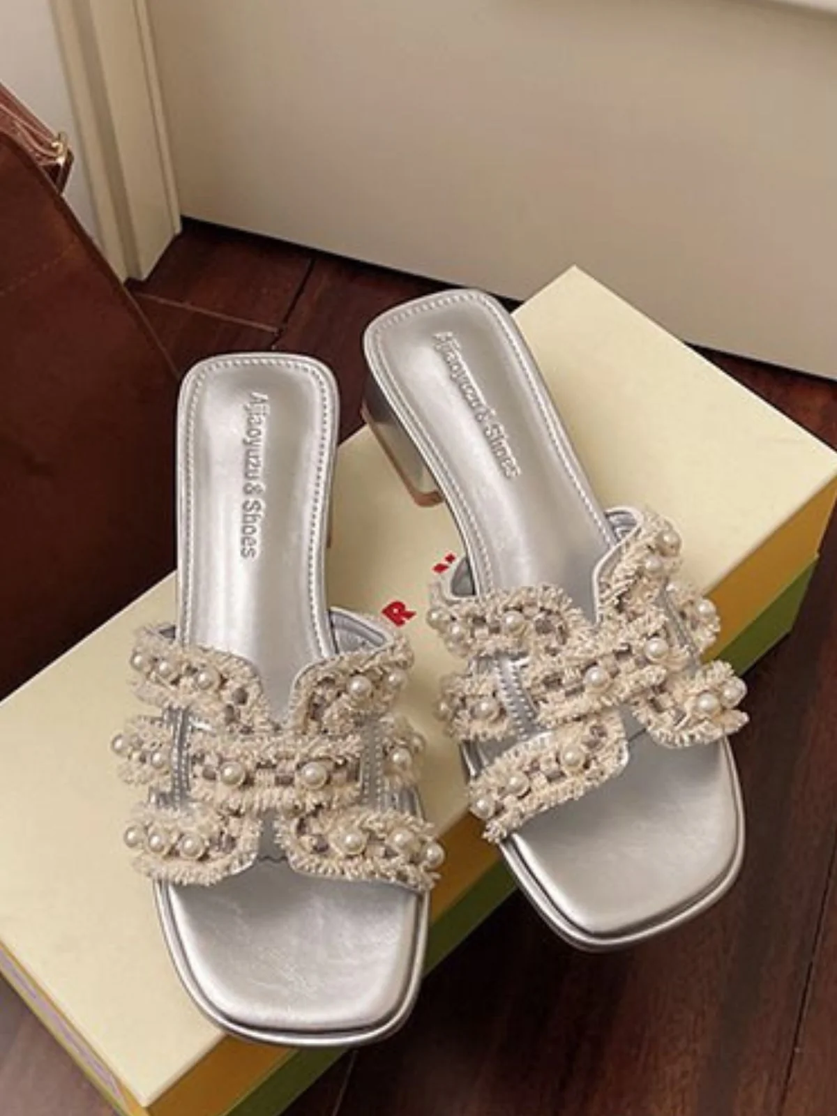 Silver Pearl Tweed Block Heel Slide Mules - Image 3