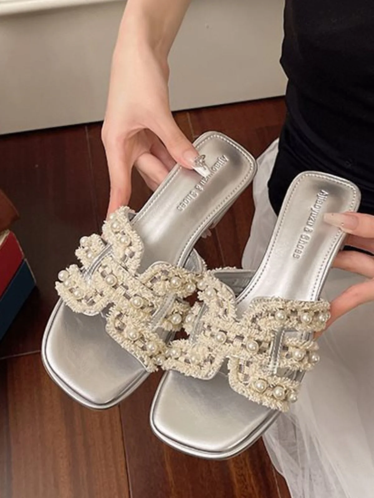 Silver Pearl Tweed Block Heel Slide Mules - Image 4
