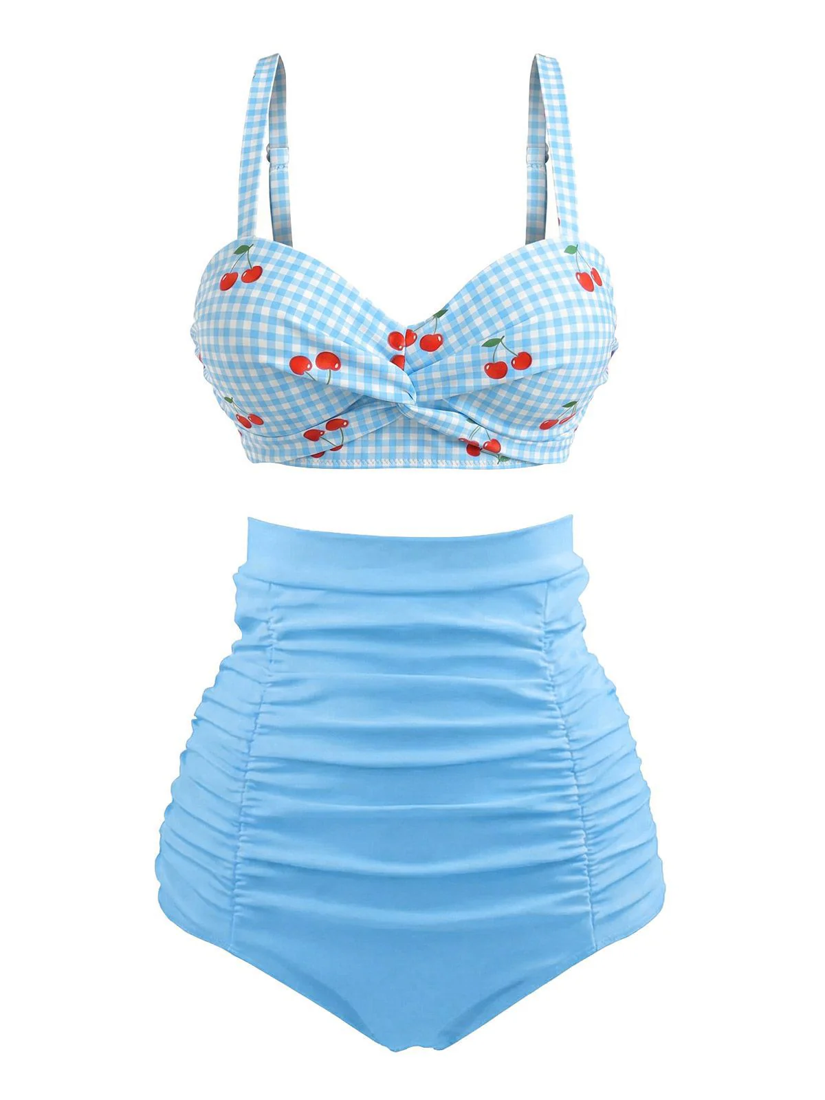 Sky Blue 1940s Plaid Cherry Vintage Bikini Set