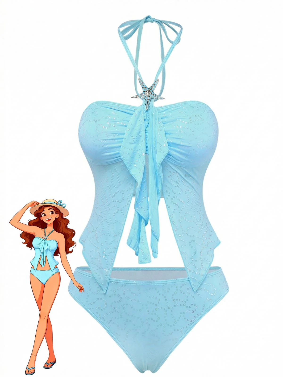 Sky Blue 1950s Halter Ruffle Bow Glitter Tankini Set