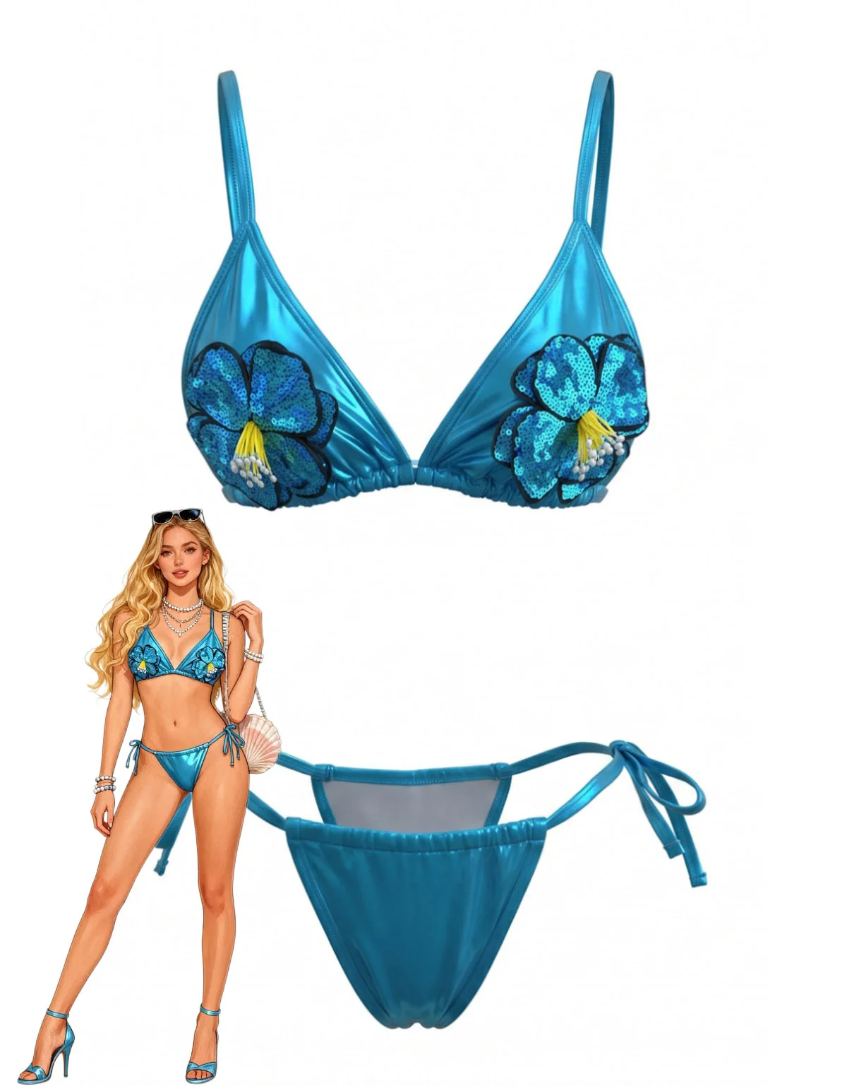 Sky Blue 1980s Sequined 3D Floral Bikini Set