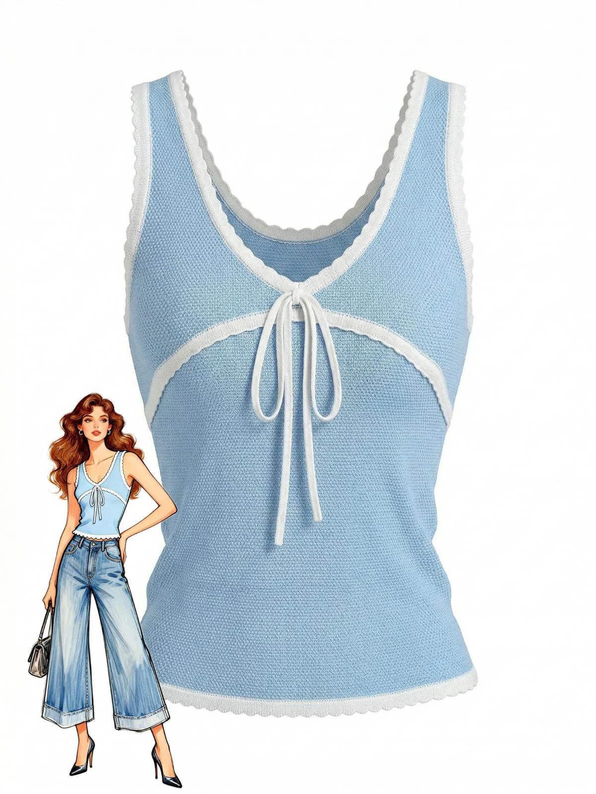 Sky Blue Y2k Scalloped Tank Top