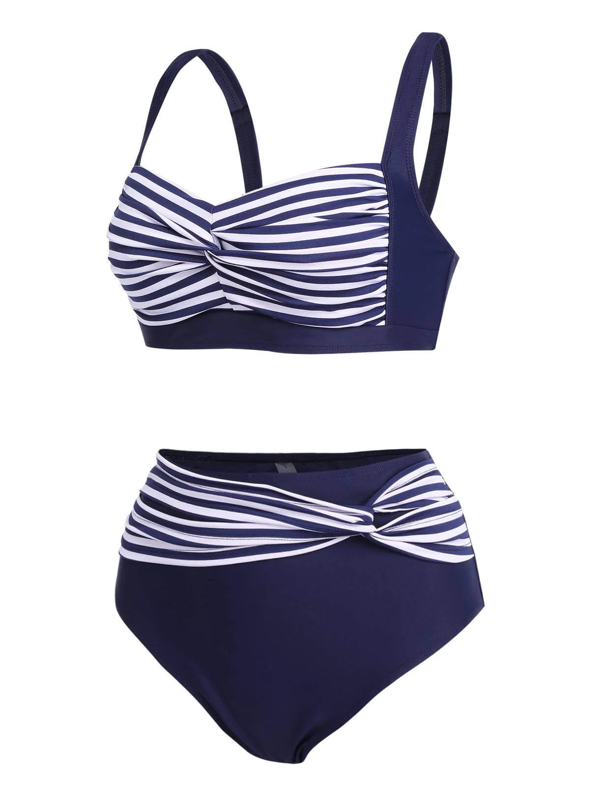 [Plus Size] 1950s Stripe Twisted Patchwork Strap Swimsuit - Image 2