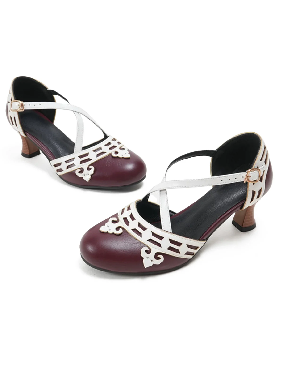 Two Tone Cross Strap Kitten Heel Mary Jane Shoes - Image 3