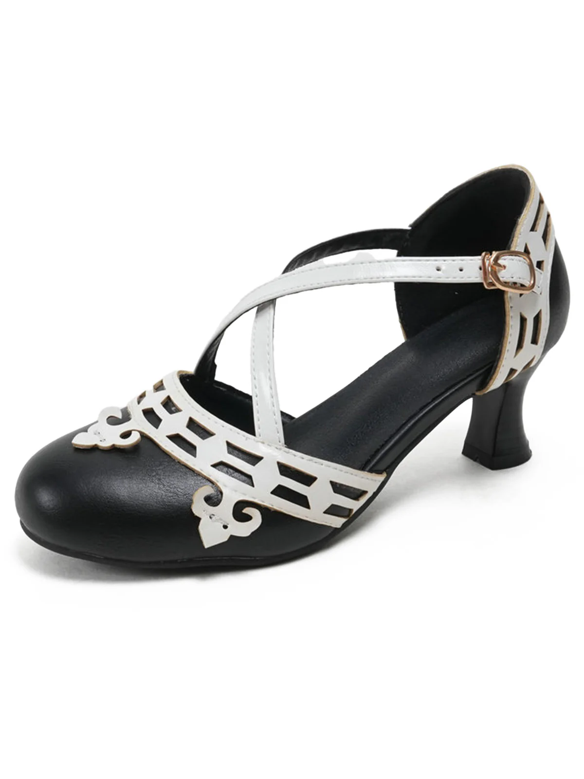 Two Tone Cross Strap Kitten Heel Mary Jane Shoes - Image 5