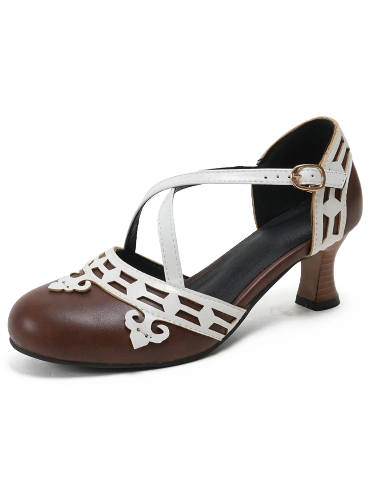 Two Tone Cross Strap Kitten Heel Mary Jane Shoes - Image 9