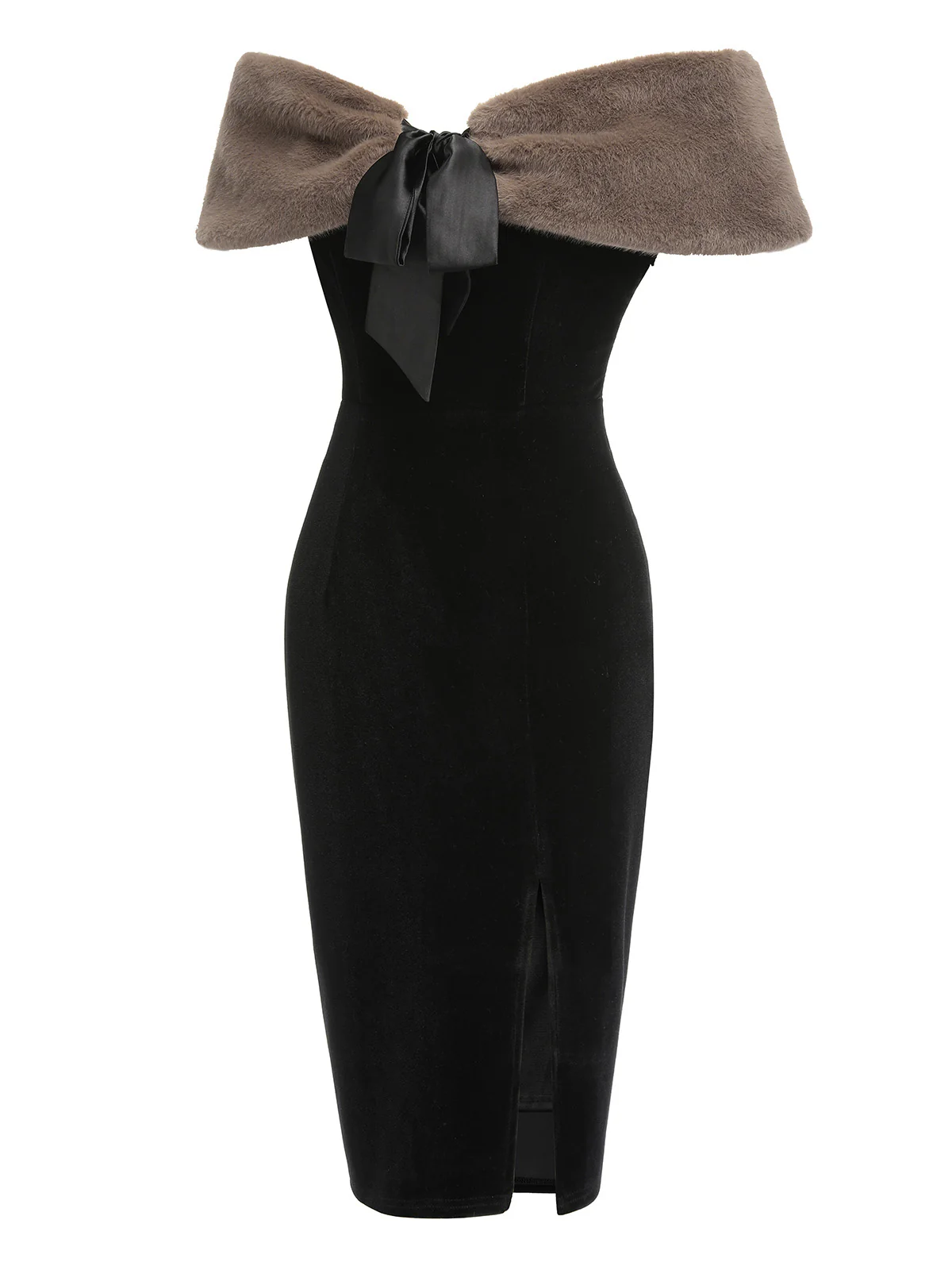 2PCS Black 1960s Solid Dress & Plush Cape - Image 4