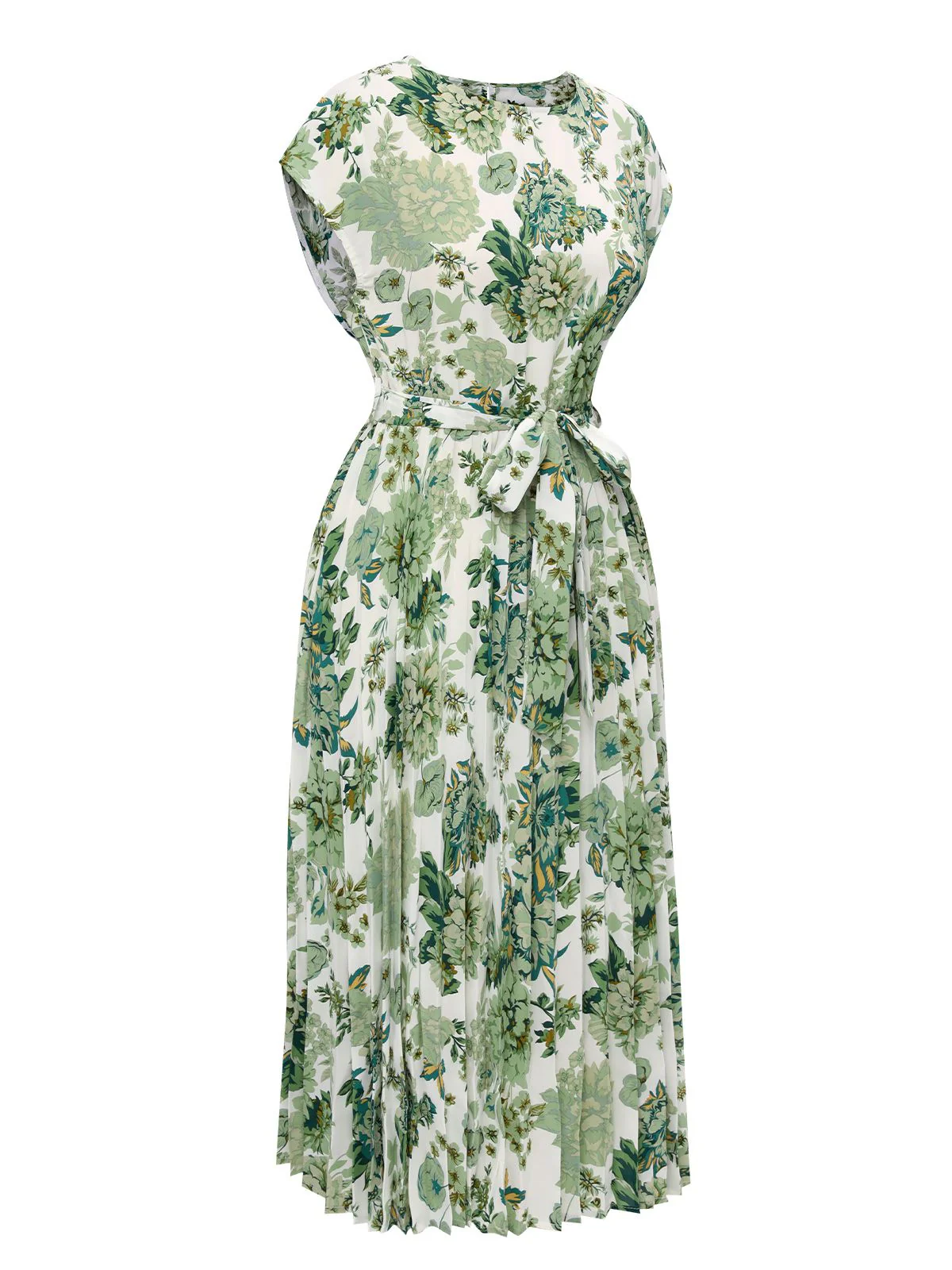 [US Warehouse] Green 1940s Floral Tie Belt Dress - Image 2