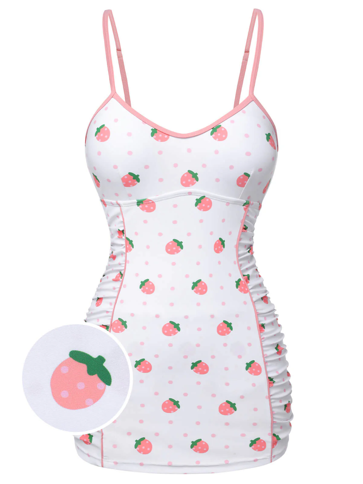 [US Warehouse] White & Pink 1950s Strawberry Pleated Swimsuit