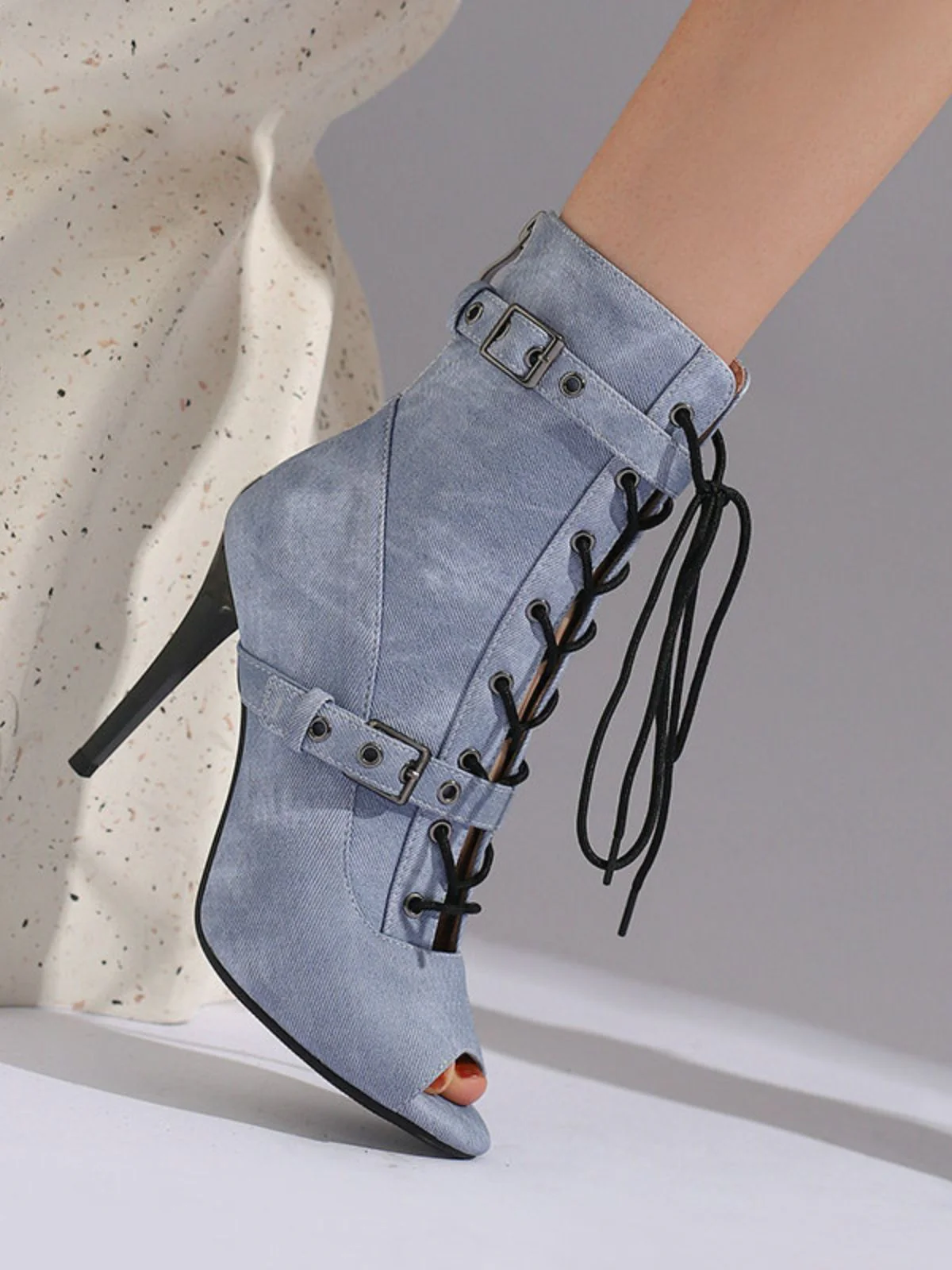Vintage Denim Peep Toe Stiletto Heel Shoes - Image 17