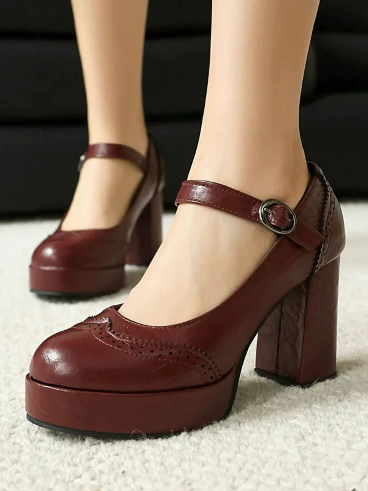 Vintage Solid Round Toe Buckle Chunky Heels - Image 17