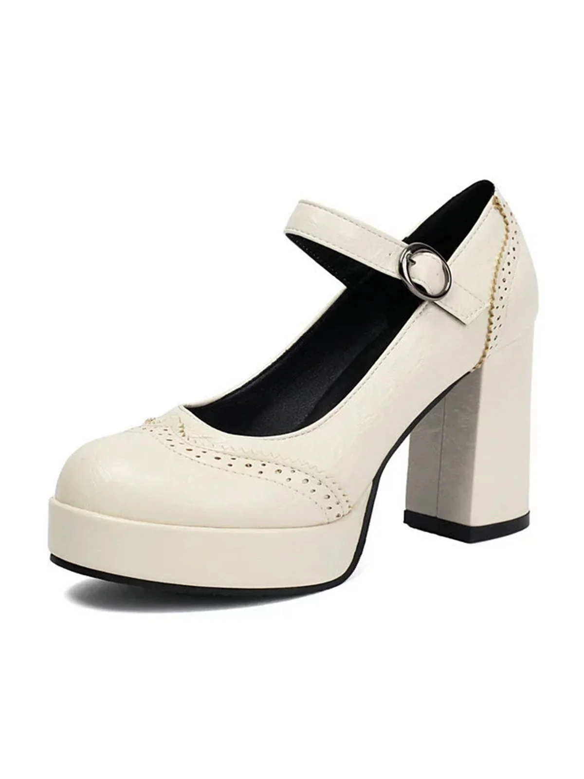 Vintage Solid Round Toe Buckle Chunky Heels - Image 18