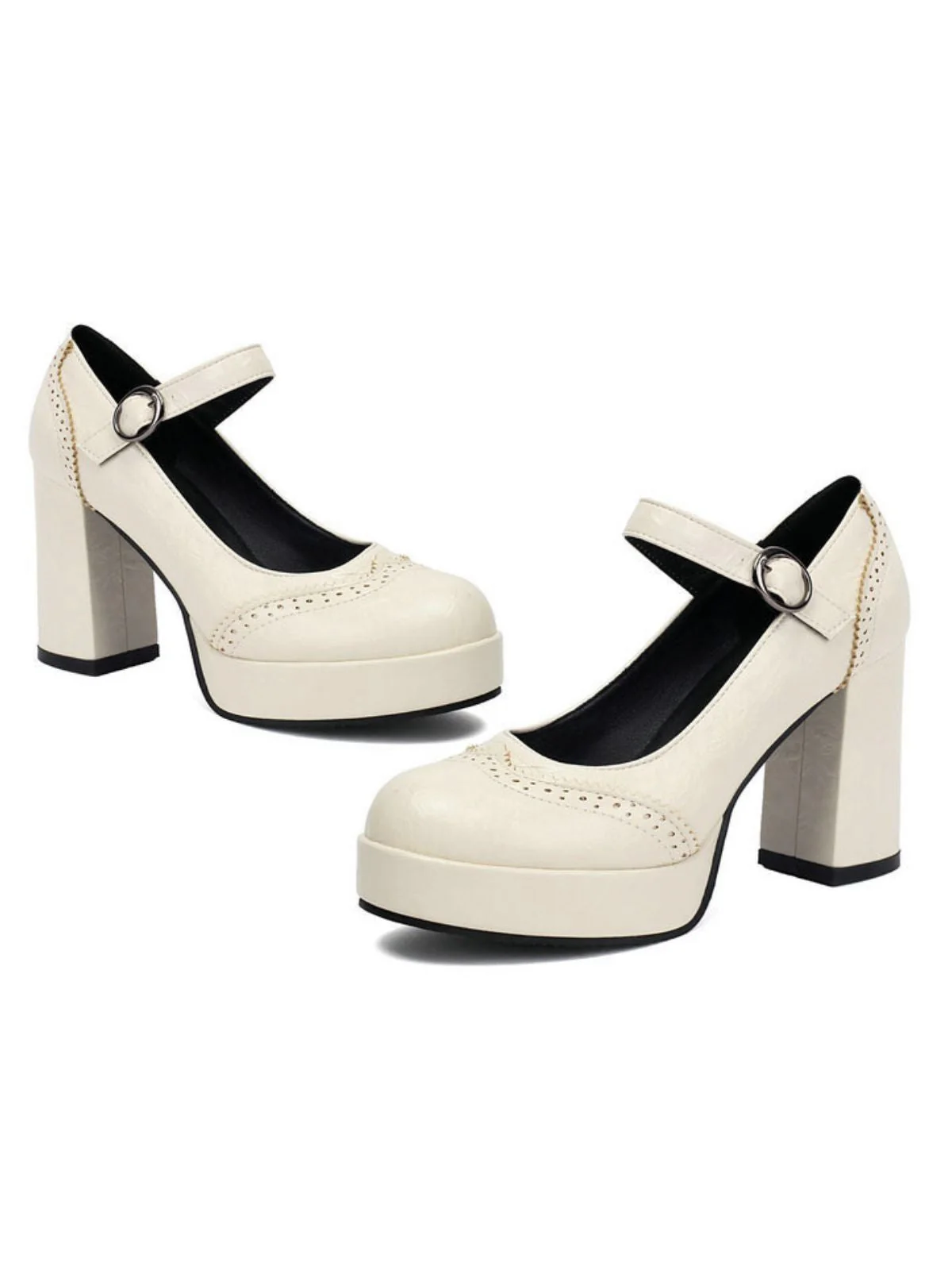 Vintage Solid Round Toe Buckle Chunky Heels - Image 19