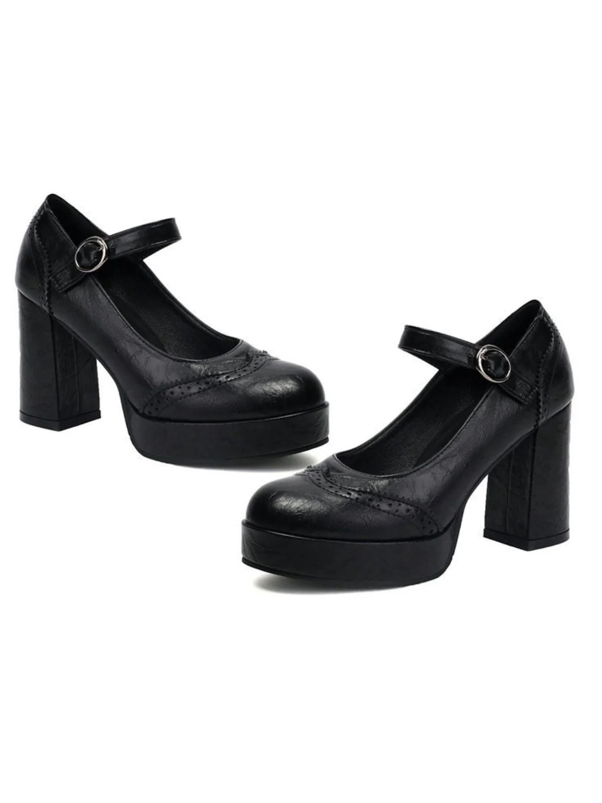 Vintage Solid Round Toe Buckle Chunky Heels - Image 24