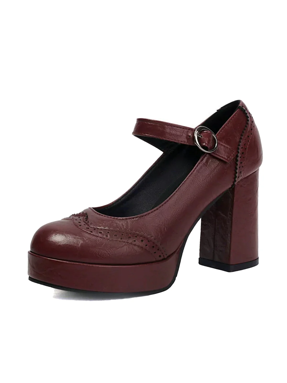 Vintage Solid Round Toe Buckle Chunky Heels - Image 26