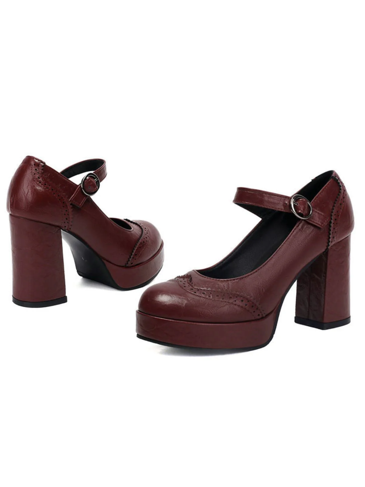 Vintage Solid Round Toe Buckle Chunky Heels - Image 27