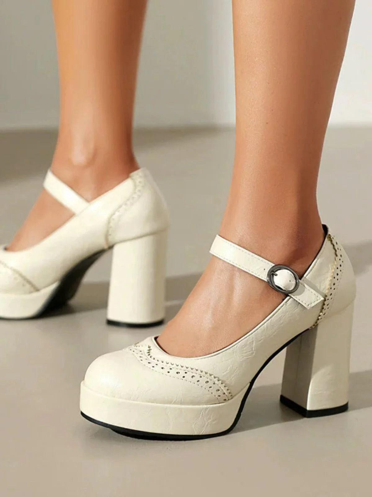 Vintage Solid Round Toe Buckle Chunky Heels - Image 31