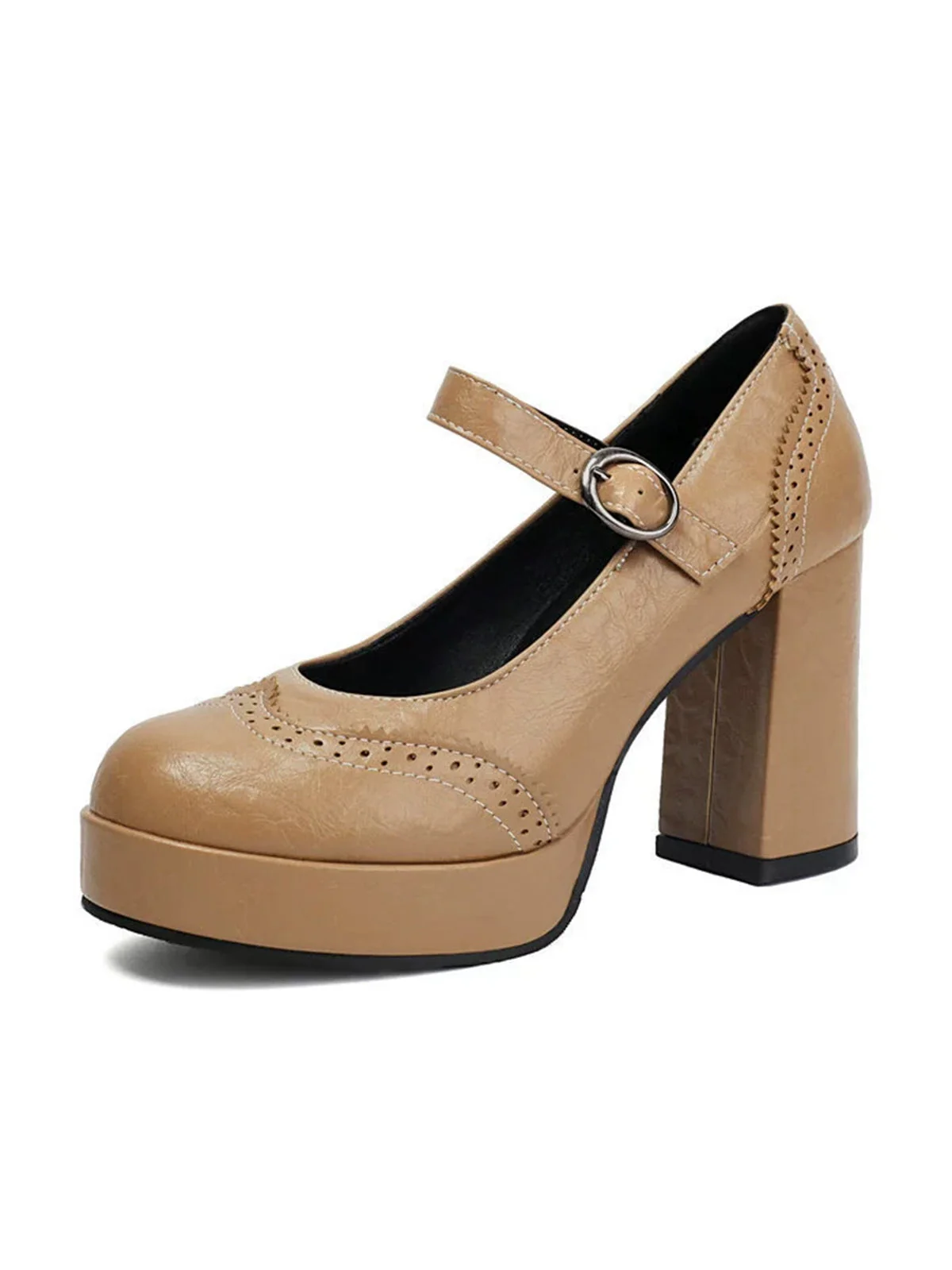 Vintage Solid Round Toe Buckle Chunky Heels - Image 32